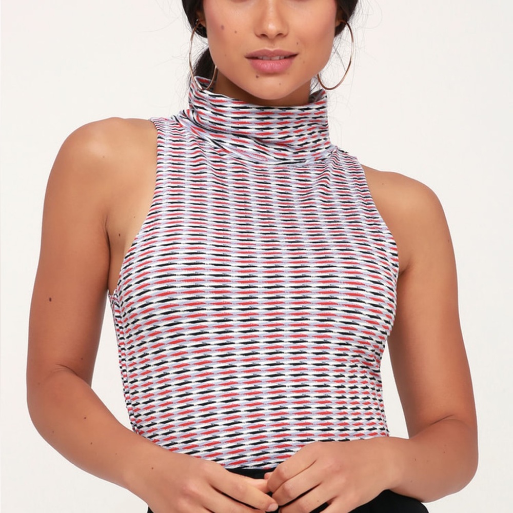 Free People Sleeveless Turtleneck Tank in White, Black & Red Stripe